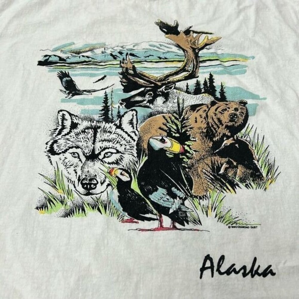 Vintage Diamond Dust Alaska Wildlife Graphic T-Shirt XL 100% Cotton White